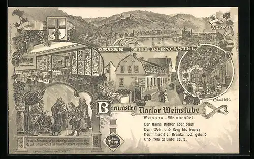 Künstler-AK Berncastel a. d. Mosel, Gasthaus Doctor Weinstube, Innenansicht, Hof