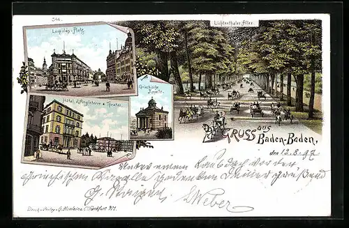 Lithographie Baden-Baden, Hotel d`Angleterre & Theater, Leopolds-Platz, Griechische Kapelle