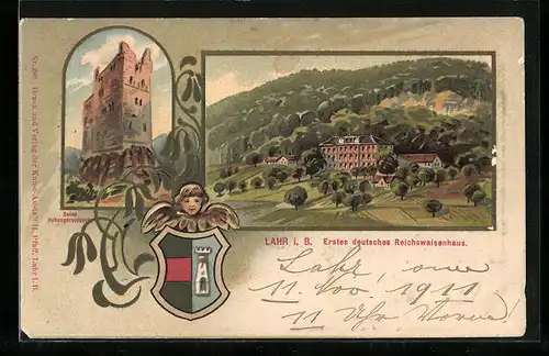 Lithographie Lahr i. B., Erstes deutsches Reichswaisenhaus, Ruine Hohengeroldseck, Wappen