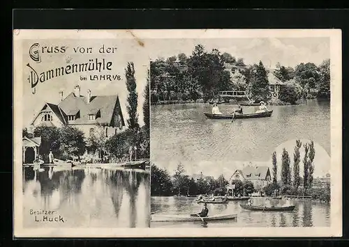 AK Lahr i. B., Gasthaus Dammenmühle, Uferpartie mit Booten