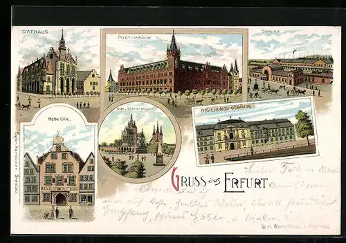 Lithographie Erfurt, Hohe Lilie, Regierungs-Gebäude, Bahnhof