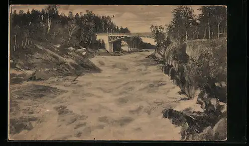 AK Imatra, Uferpartie mit Brücke
