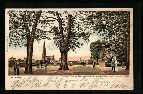 Lithographie Metz, Esplanade mit Blick auf die Garnisonkirche