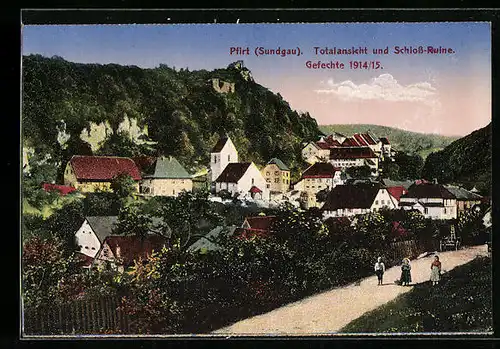 AK Pfirt /Sundgau, Totalansicht und Schloss-Ruine, Gefechte 1914-15