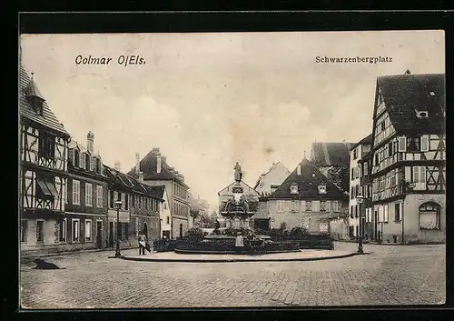 AK Colmar /O.-Els., Schwarzenbergplatz mit Brunnen