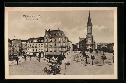 AK Mülhausen i. E., Friedensplatz mit Kirche