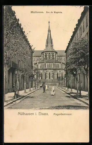 AK Mülhausen i. Elsass, Magentastrasse mit Kirche
