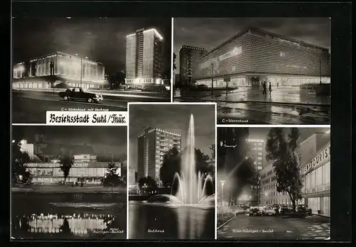 AK Suhl /Th., C-Warenhaus, Interhotel und Hochhaus bei Nacht