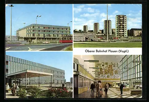 AK Plauen i. V., Oberer Bahnhof mit Halle und Hochhäusern