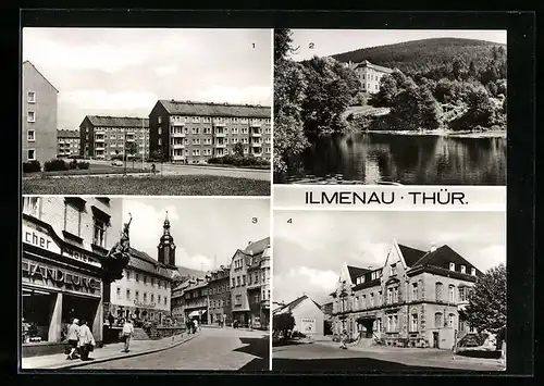 AK Ilmenau /Th., Strasse des Friedens, Postamt, Neubauten am Stollen