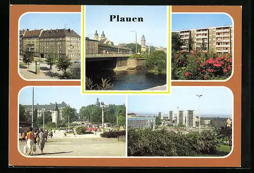 AK Plauen, Leninplatz, Hochhäuser am Bahnhof, Seehaus an der Gerhard-Voigt-Strasse, Neue Elsterbrücke