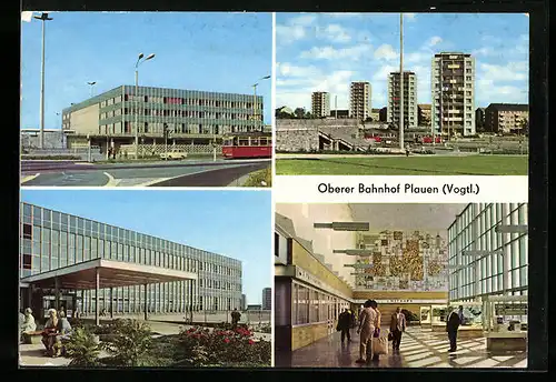 AK Plauen /Vogtl., Ansichten vom Oberen Bahnhof, Strassenbahn, Hochhaus