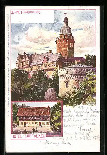 Lithographie Falkenstein, Hotel zum Falken, Burg Falkenstein