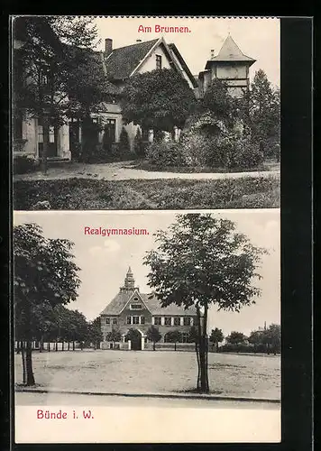 AK Bünde i. W., Kaiserhuldigung, Am Brunnen, Realgymnasium