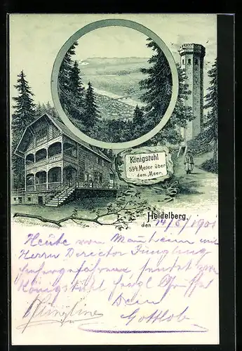 Lithographie Heidelberg, Gasthaus Königstuhl, Panorama