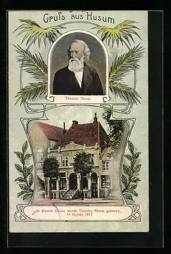 AK Husum, Geburtshaus und Portrait von Theodor Storm