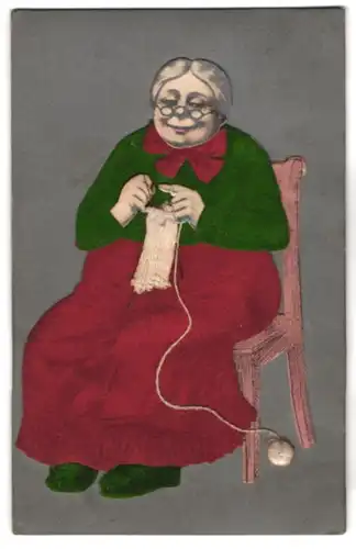Filz-AK Oma häkelt einen Strumpf, Kleidung aus Filz