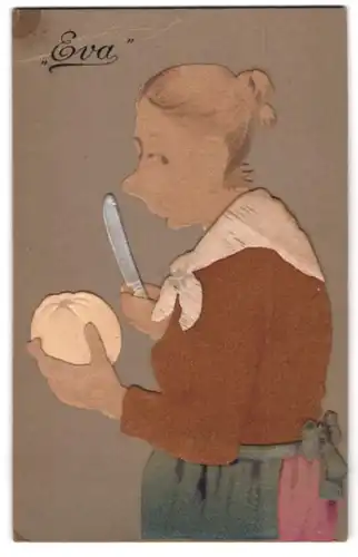 Filz-AK Eva, Frau mit Apfel und Messer, Kleidung aus Filz