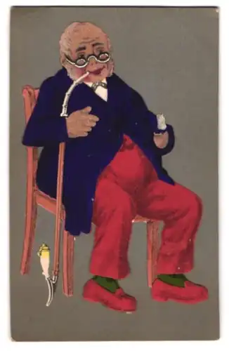 Filz-AK Betagter Herr beim Pfeife rauchen, Kleidung aus Filz