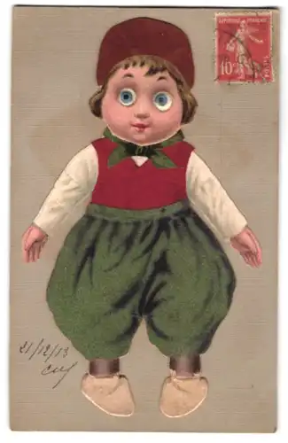 Filz-AK Bub mit Glasaugen und Kleidung aus Filz