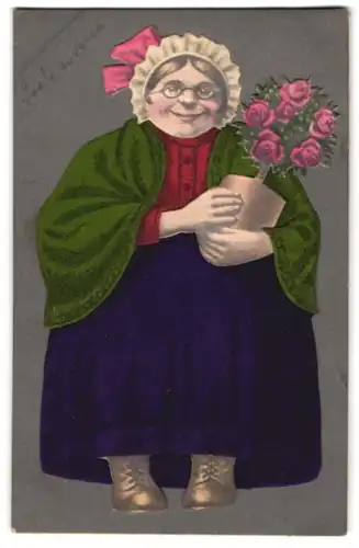 Filz-AK Oma mit eingetopfter Rose, Kleidung aus Filz
