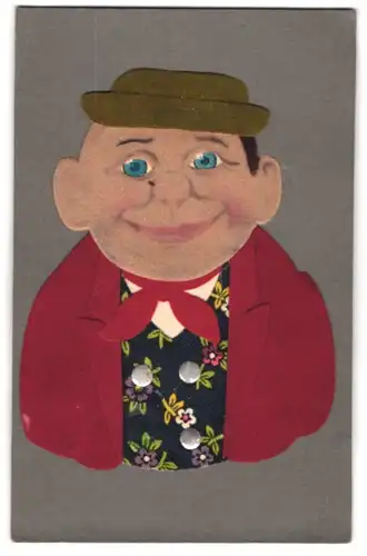 Filz-AK Mann in roter Jacke und blauen Augen, Kleidung aus Filz