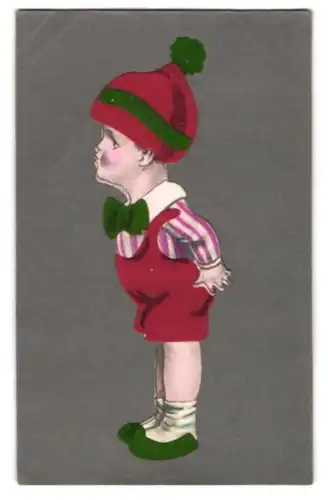 Filz-AK Bub in roter Hose und roter Mütze, Kleidung aus Filz