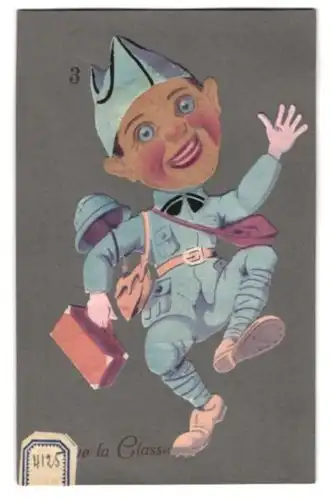 Filz-AK Soldat mit Schiffchen und Helm, Gesicht aus Filz