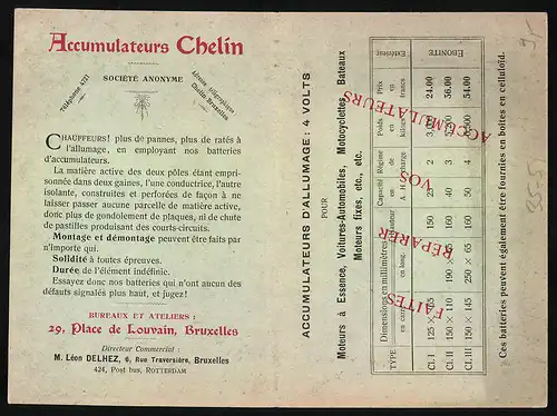 Klapp-AK Reklame Accumualteurs Chelin, Tarif 1903