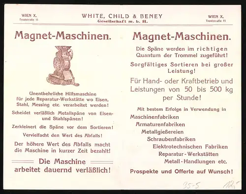 Klapp-AK Reklame White Child & Beney, Troststrasse 11 Wien, Magnet-Maschinen