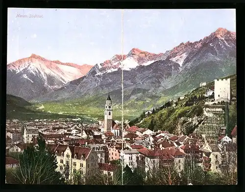 Klapp-AK Meran, Totalansicht des Ortes mit Alpenpanorama