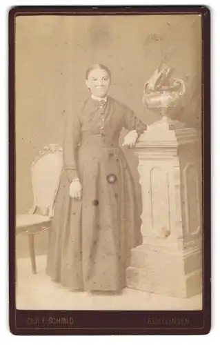 Fotografie Chr. F. Schmid, Reutlingen, Kleingraben-Strasse, Dame mit strengem Mittelscheitel im langen Kleid