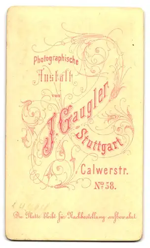 Fotografie J. Gaugler, Stuttgart, Calwersrasse 58, Eleganter Jüngling mit Mittelscheitel und Fliege