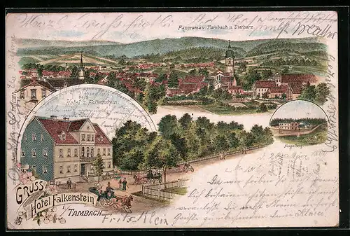 Lithographie Tambach, Hotel z. Falkenstein, Nesselberg, Panorama mit Dietharz