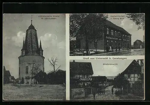 AK Untersuhl b. Gerstungen, Gasthaus v. Georg Bolz, Althistorische Kirche 16. Jahrhundert, Strassenpartie