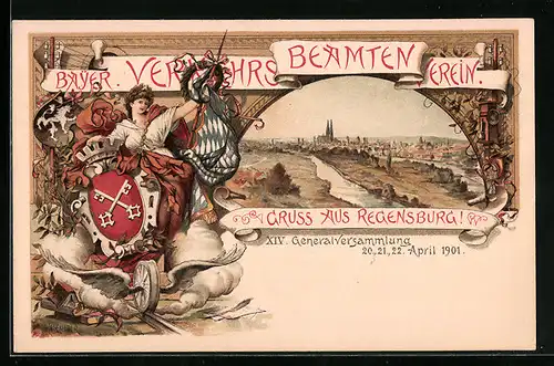 Lithographie Regensburg, XIV., Generalversammlung 1901, Teilansicht mit Kirche, Frau mit Wappen und Fahne