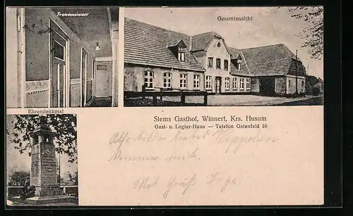 AK Winnert /Krs. Husum, Siems Gasthof, Fremdenzimmer, Ehrendenkmal