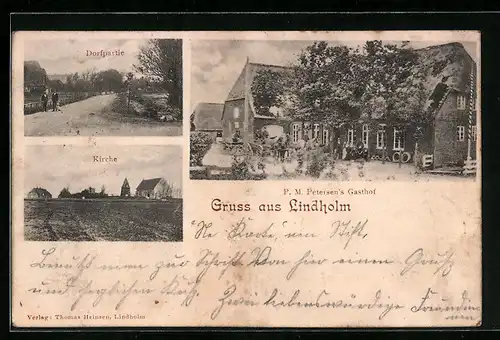 AK Lindholm, P. M. Petersen`s Gasthof, Dorfpartie, Kirche