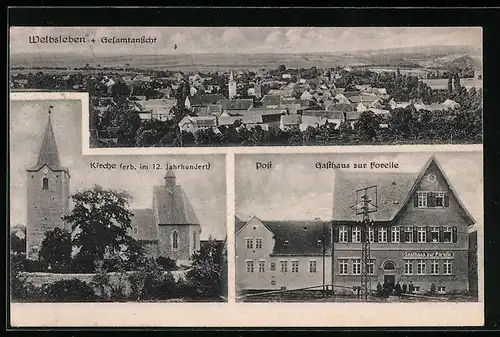 AK Welbsleben, Gasthaus zur Forelle und Post, Kirche erb. im 12. Jahrhundert, Gesamtansicht