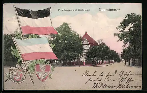 AK Neumünster, Rendsburger- und Carlstrasse mit Bäumen, Wappen und Flaggen