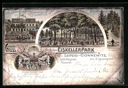 Lithographie Leipzig-Connewitz, Restaurant Eisenkellerpark, Inneres grosser Konzertsaal, Garten
