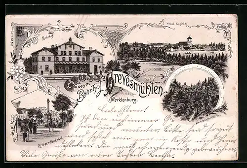 Lithographie Grevesmühlen, i. Mecklenburg, Bahnhof, Kammerherrnbrücke, Krieger-Denkmal