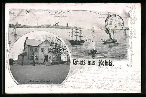 AK Holnis, Andresen`s Gasthaus, Düppel-Mühle und Denkmal mit Broacker, Kirche und offener See