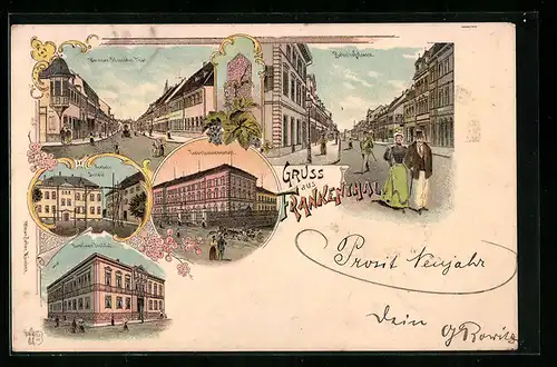 Lithographie Frankenthal, Bahnhofstrasse, Taubstummenanstalt, Wormser-Strasse, Reallehr-Institut