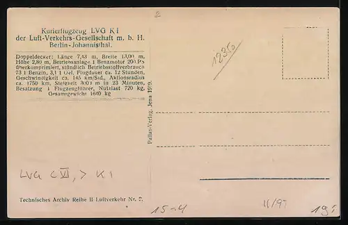 AK Kurierflugzeug der Luft-Verkehrs-Gesellschaft mbH Berlin-Johannisthal