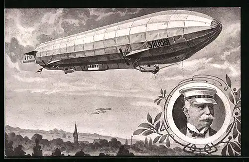 Künstler-AK Zeppelin Sachsen mit Portrait Graf von Zeppelin