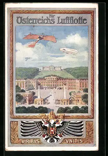 Künstler-AK Flugzeug und Zeppelin der Österr. Luftflotte über dem Schloss Schönbrunn