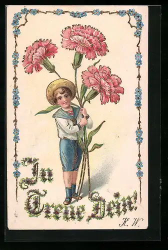Präge-Lithographie Bursche in Matrosenkleidung mit 3 Nelken