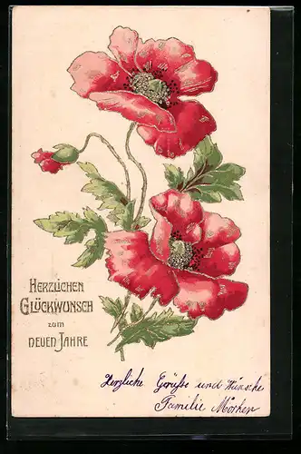 Präge-AK Zwei blühende Mohnblumen