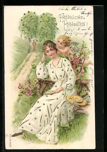 AK Dame im Kleid mit Amor